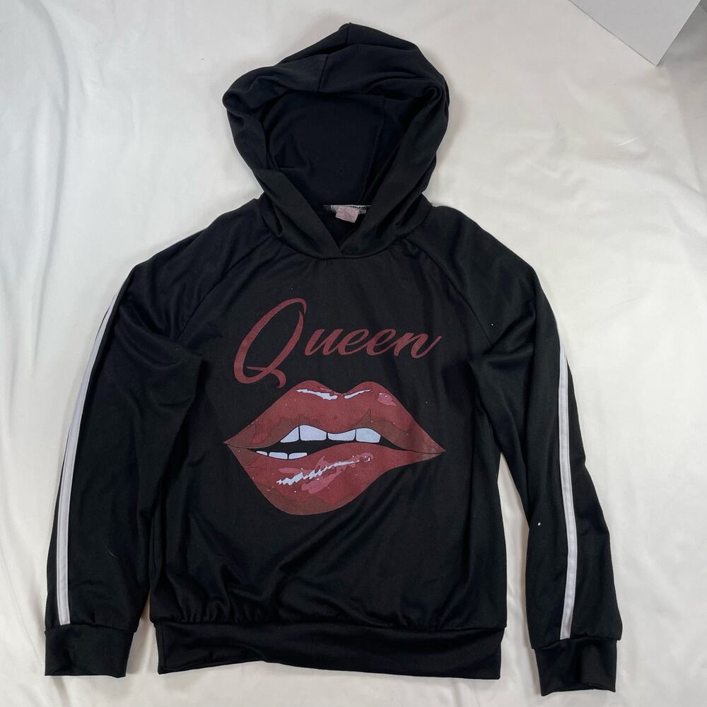 Rainbow Queen Lips Graphic Hoodie Black White Stripe Sleeve Size Medium Women